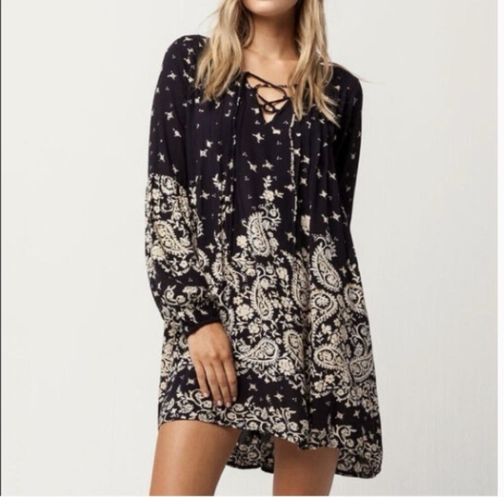 Billabong Boho Floral Paisley Mini Dress XS Navy Blue Lace Up Coastal Cowgirl